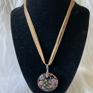 Brown silk cord with colorful round glass pendant necklace